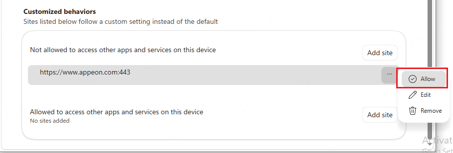 Not allowed to access other apps and services on this device