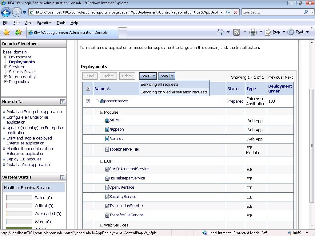 BEA WebLogic Server Administration Console