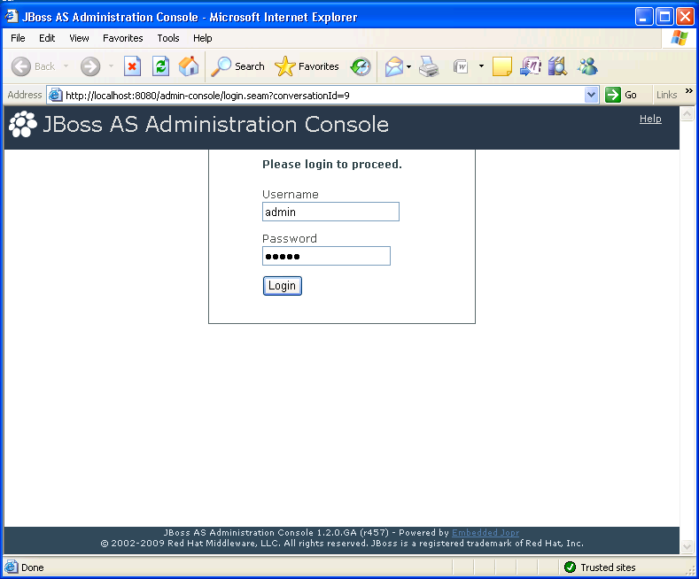 JBoss AS Administration Console logon page