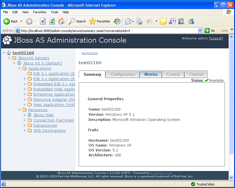 JBoss AS Administration Console main page