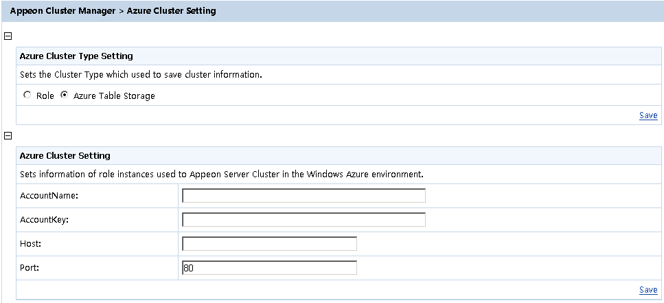 Azure cluster settings for Azure Table Storage