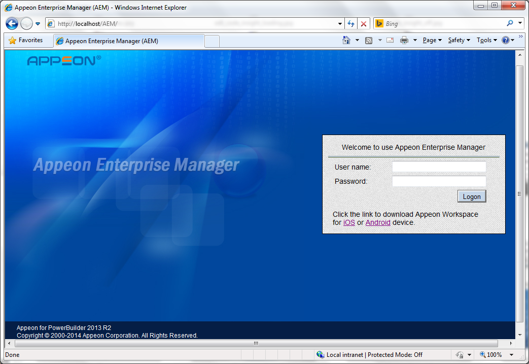 Appeon Enterprise Manager entry page