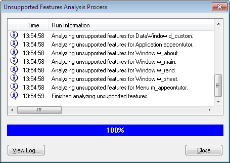 Unsupported Features Analysis Process dialog