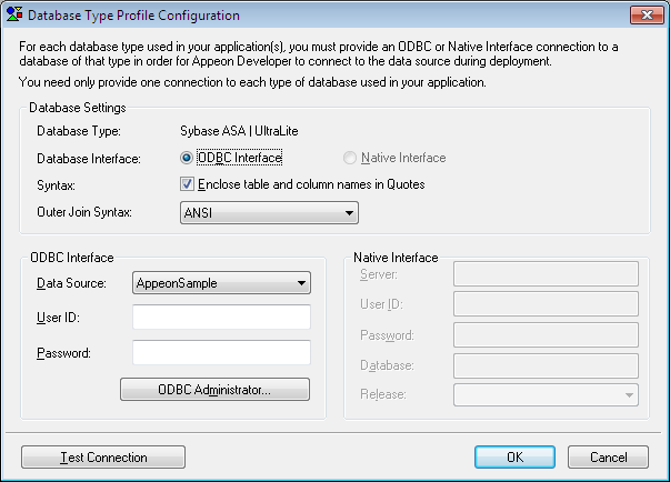 Database Type Profile Configuration window