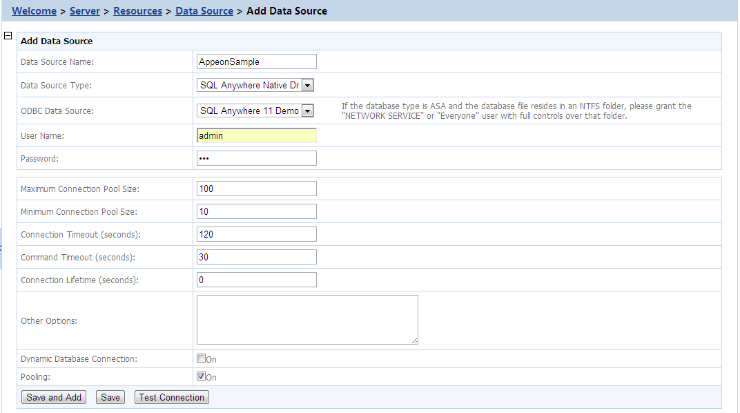 Settings for SQL Anywhere .NET Data Provider driver