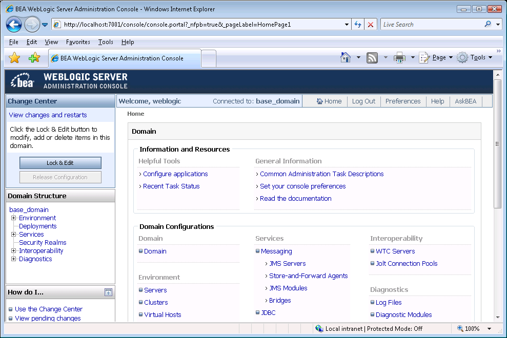 WebLogic Server Administration Console main page
