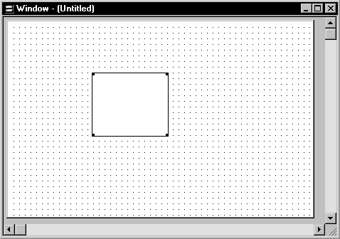 A field of dots displays as a background grid in an untitled window. A blank rectangle superimposed on the grid represents the DataWindow control. The four corners of the control are small black rectangular handles for resizing the control. (Optional) Resize the DataWindow control by selecting it and dragging one of the handles.