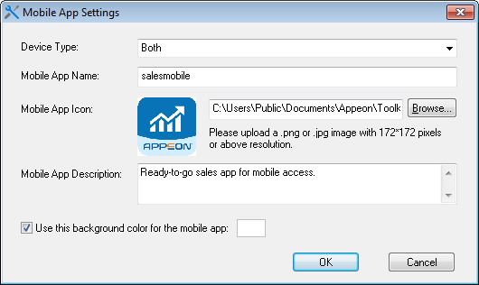 Mobile App Settings dialog box