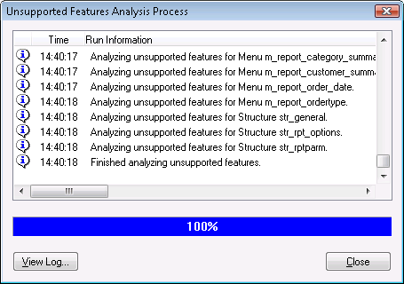Unsupported Features Analysis Process dialog