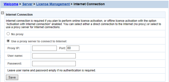 License Management - Internet Connection
