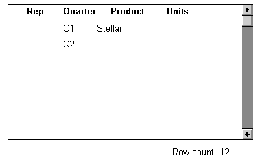 The sample DataWindow displays four columns of data titled Rep, Quarter, Product, and Units. The first row of selection criteria shows Q1 for quarter and Stallar under product. The second row shows Q2 under quarter. At the bottom displays row count: 12.