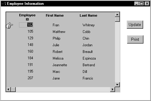 The sample DataWindow object displayed in the DataWindow control has three columns with the headings Employee ID, First Name, and Last Name. An icon of a hand points at the employee ID that has the edit control placed on it. To the right of the DataWindow buttons are displayed for Update and Print.