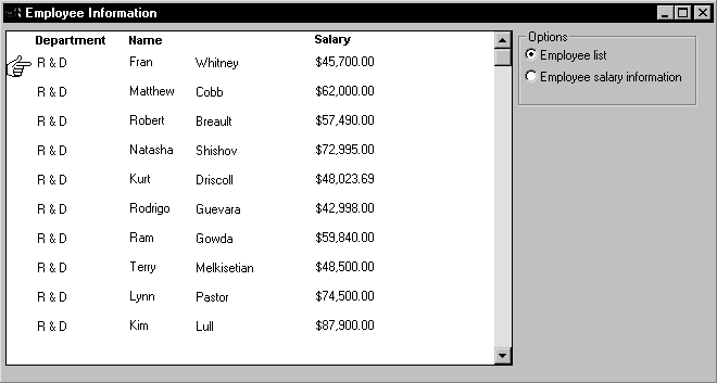 This sample screen titled Employee Information has two radio buttons labeled Options. The Employee list radio button is selected, and the window displays a view with four columns of employee data from the result set: Department, Name (first and last), and Salary.