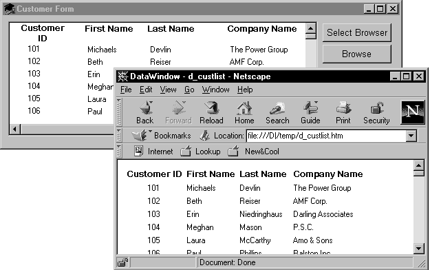 A sample titled Customer Form is shown with four columns of data: customer ID, First Name, Last Name, and Company Name. To the right of the data are two buttons, Select Browser and Browser. A second sample screen displays the same content in a Netscape window titled Data Window - c_cust list - Netscape. Below a standard Netscape menu bar and toolbar is displayed the location of the sample file d_custlist dot htm.