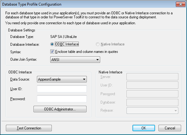 Database Type Profile Configuration window