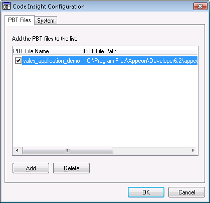 Code Insight Configuration window - PBT Files tab