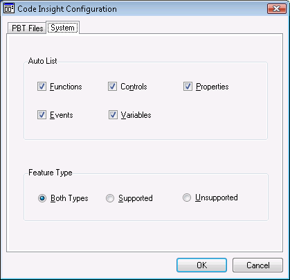 Code Insight Configuration window - System tab