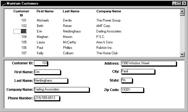 A sample Maintain Customers screen is divided into two halves. The upper half displays four columns for Customer ID, First Name, Last Name, and Company Name. One of the customer IDs is highlighted and surrounded by a dotted rectangle, signifying that an edit control has been placed on it. For the highlighted customer ID, the bottom half of the screen displays not only first, last, and company name, but also the phone number, address, city, state, and zip code associated with that customer ID. Associated data for that ID from the other three columns.
