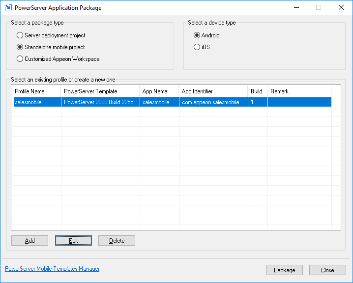 Select package type, device type, package profile